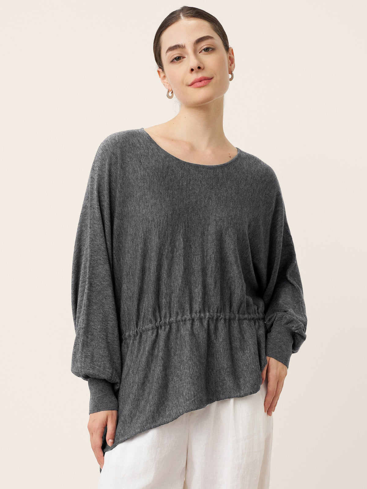 Wool Asymmetric Drawstring Hem Loose Top WREN