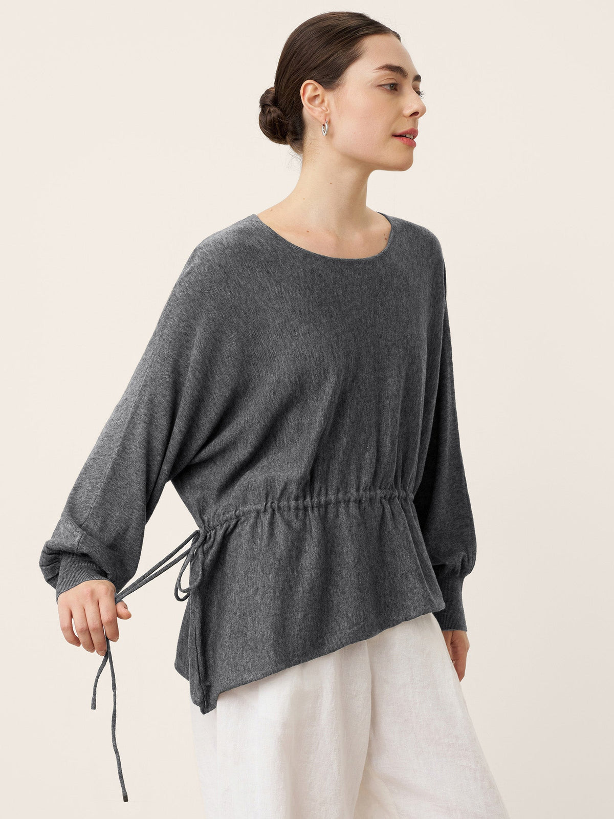 Wool Asymmetric Drawstring Hem Loose Top WREN