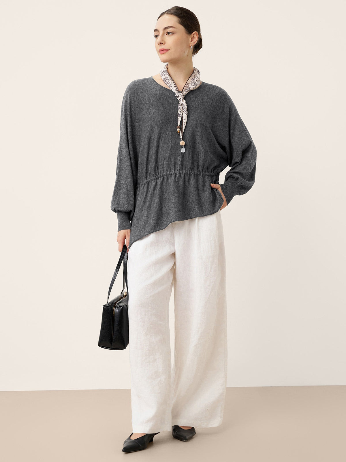 Wool Asymmetric Drawstring Hem Loose Top WREN