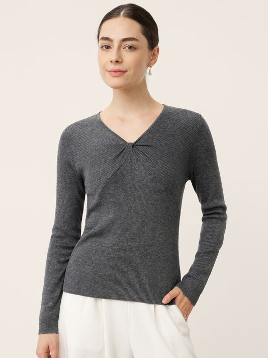 Merino Wool Ruched Panel V-Neck Top RAVEN