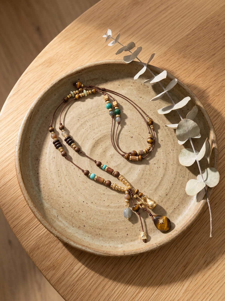 Natural Stone Beaded Long Necklace