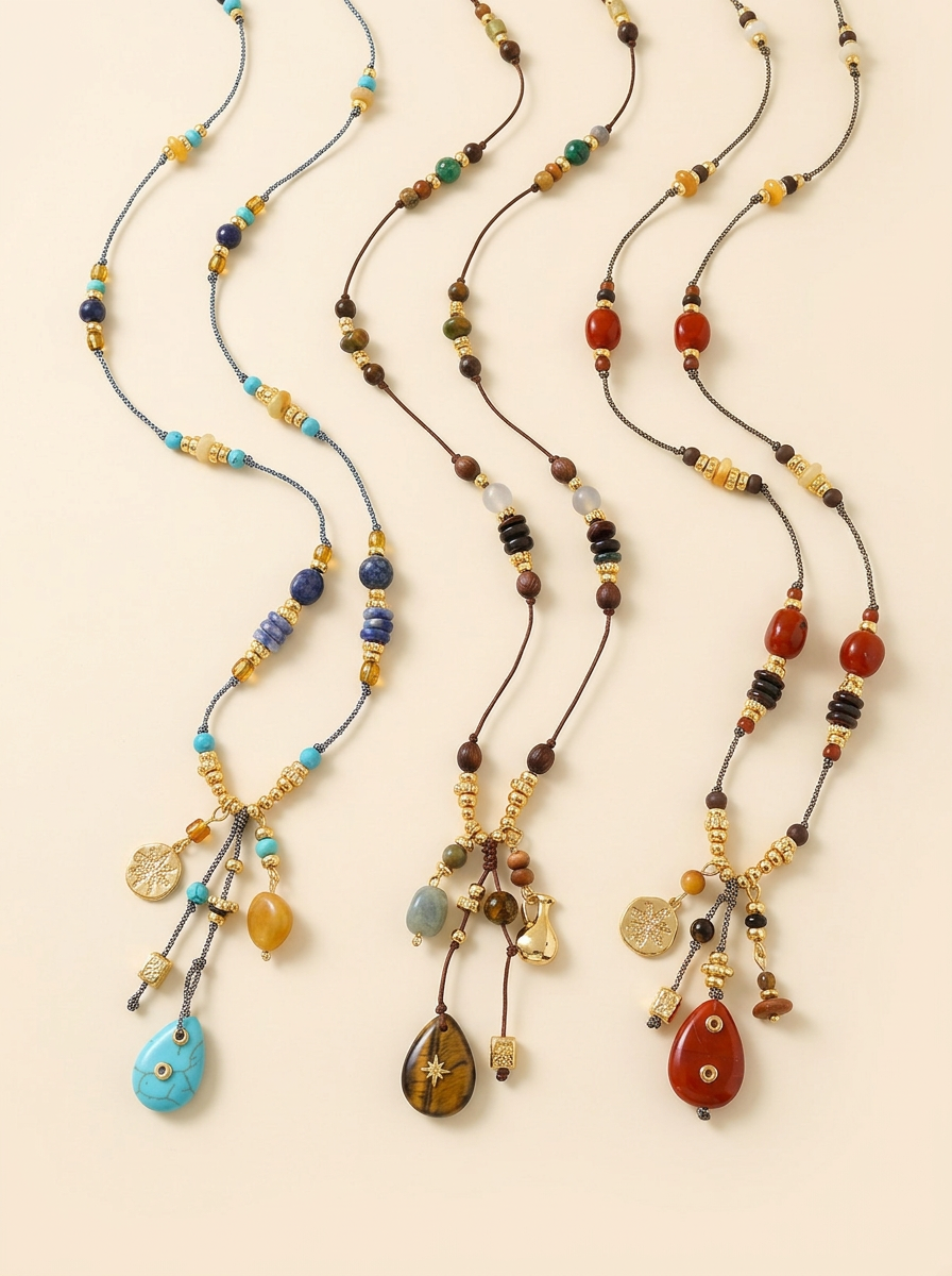 Natural Stone Beaded Long Necklace