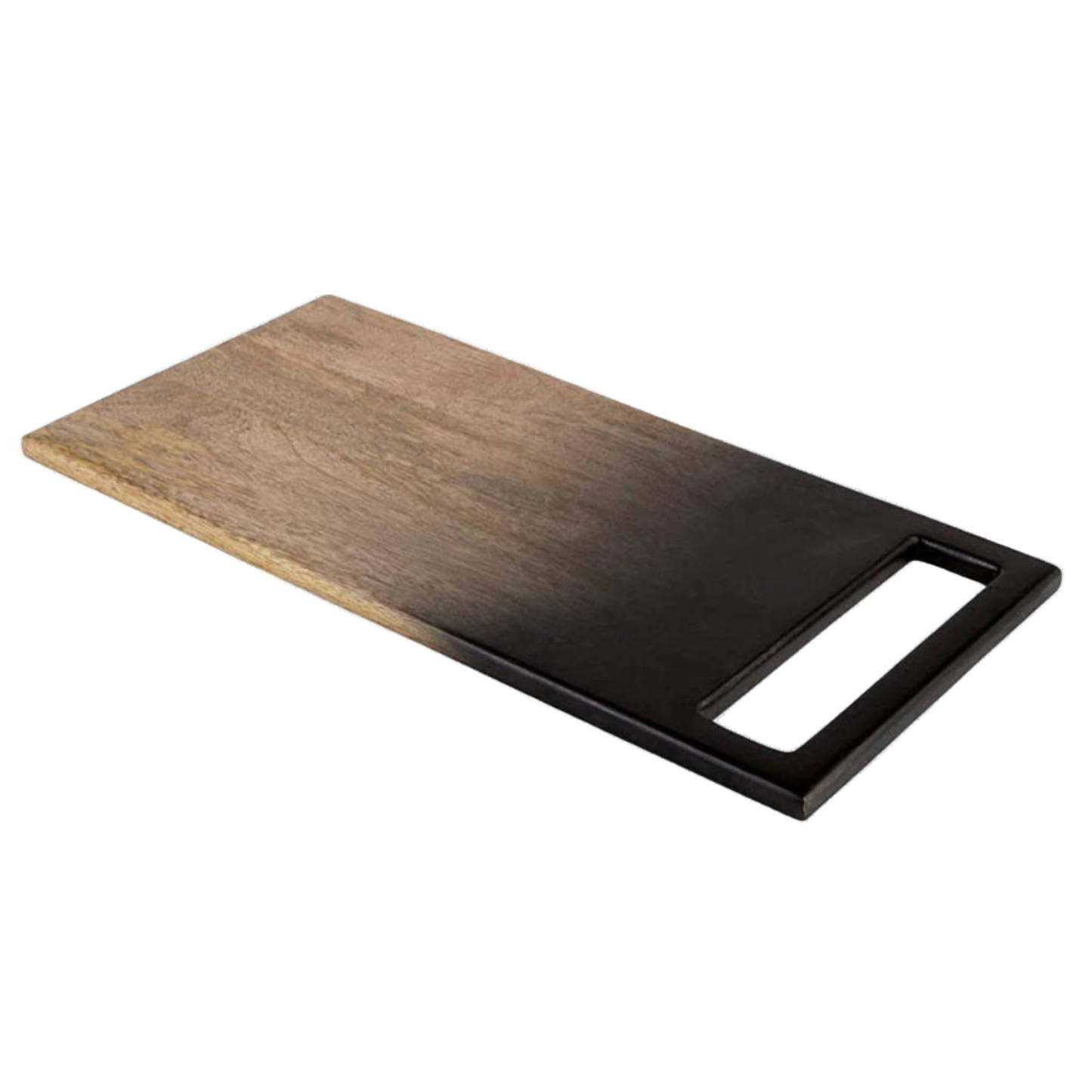 Wooden cutting board with a black handle on a white background