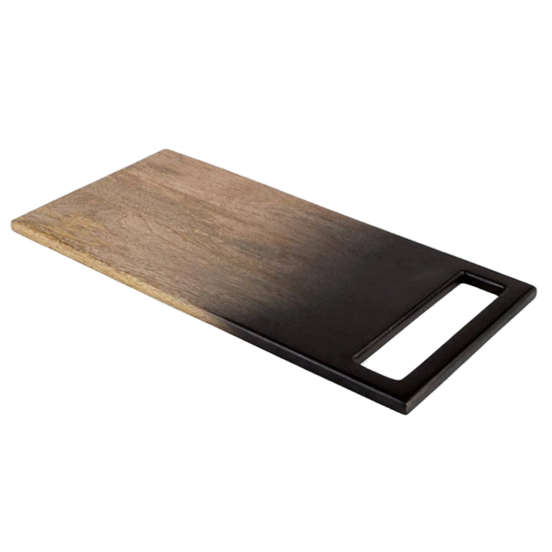 Wooden cutting board with a black handle on a white background