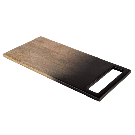 Wooden cutting board with a black handle on a white background