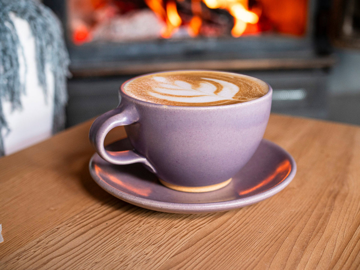 Cappuccino Cup, Latte Cup: Purple/White, approximately 10 -12 oz, Stoneware