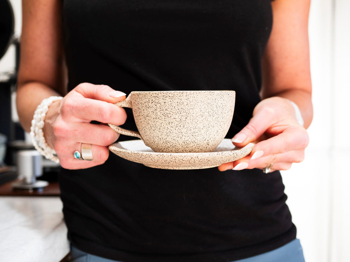Cappuccino Cup, Latte Cup: Speckled/White, approximately 10-12 oz, Stoneware