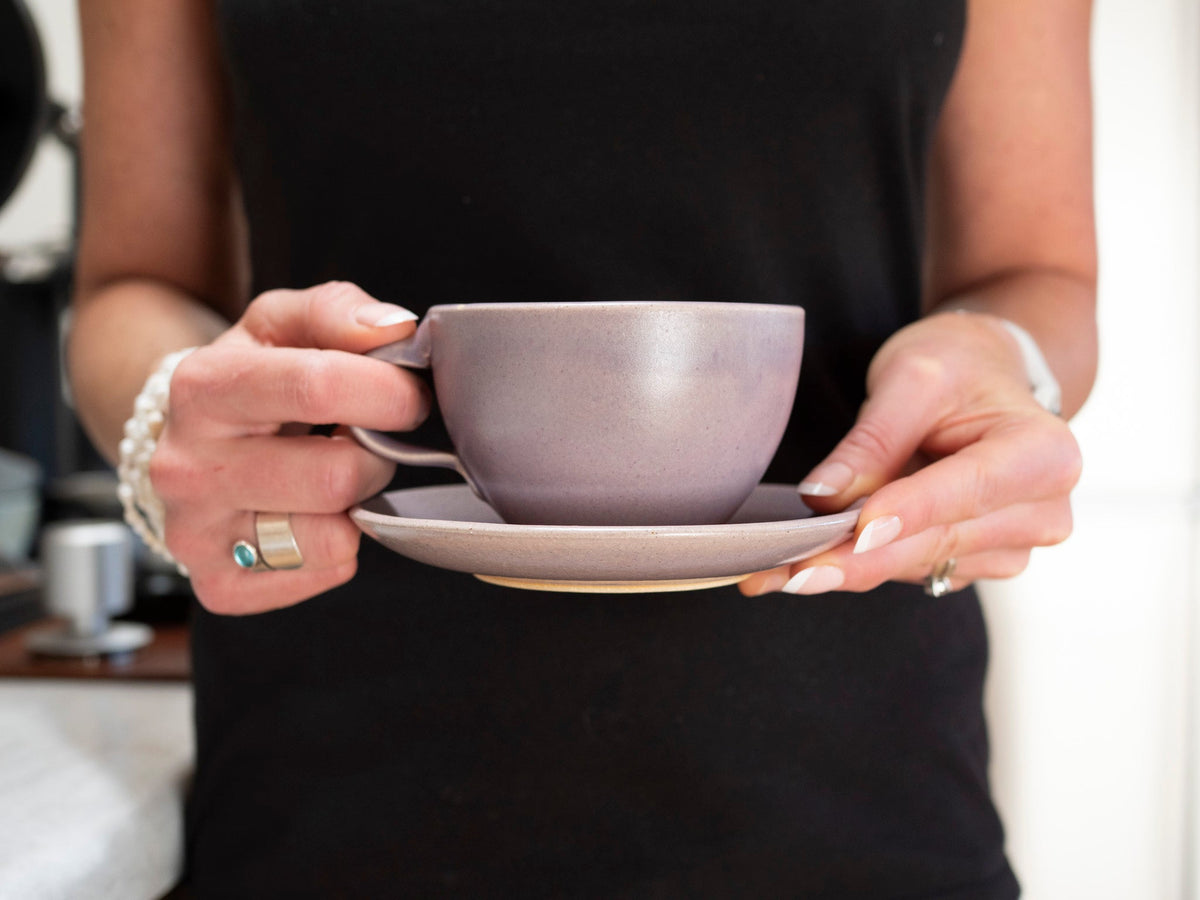 Cappuccino Cup, Latte Cup: Purple/White, approximately 10 -12 oz, Stoneware