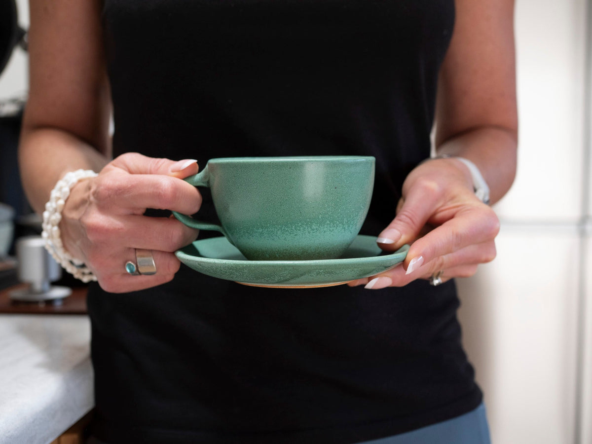 Cappuccino Cup, Latte Cup: Green/White, approximately 10 -12 oz, Stoneware