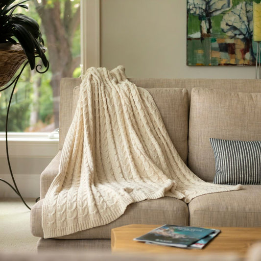 Handloomed Peruvian Pima Cotton & Undyed Baby Alpaca Ivory Cable Throw Blanket - Muru Collection