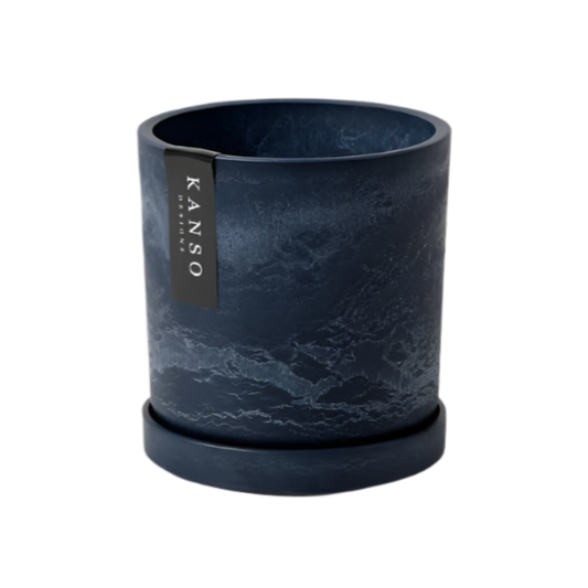 Dark blue marbled planter with 'KANSO' label on a white background