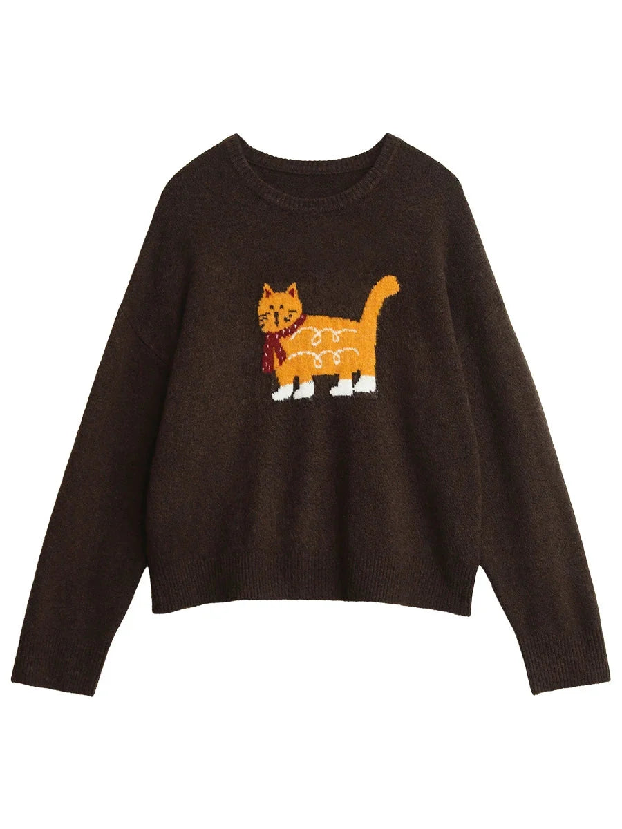 Women’s Cartoon Cat Knit Sweater Loose Casual Autumn Pullover
