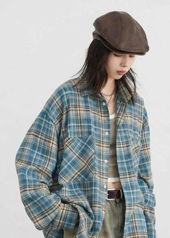Retro Color Block Grid Cotton Shirt Loose Fit Blouse