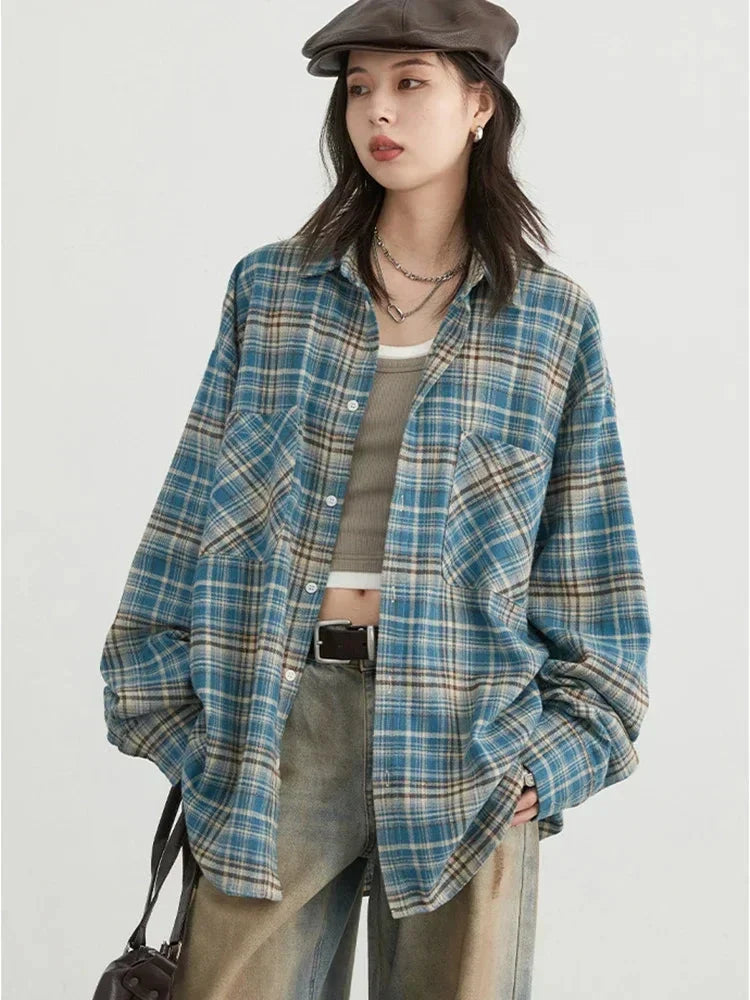 Retro Color Block Grid Cotton Shirt Loose Fit Blouse