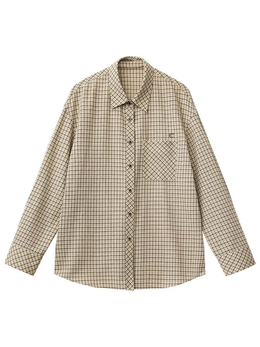 Retro Plaid Embroidered Shirt Loose Casual Autumn Blouse