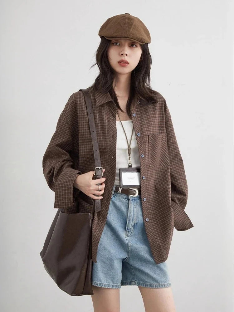Retro Plaid Embroidered Shirt Loose Casual Autumn Blouse