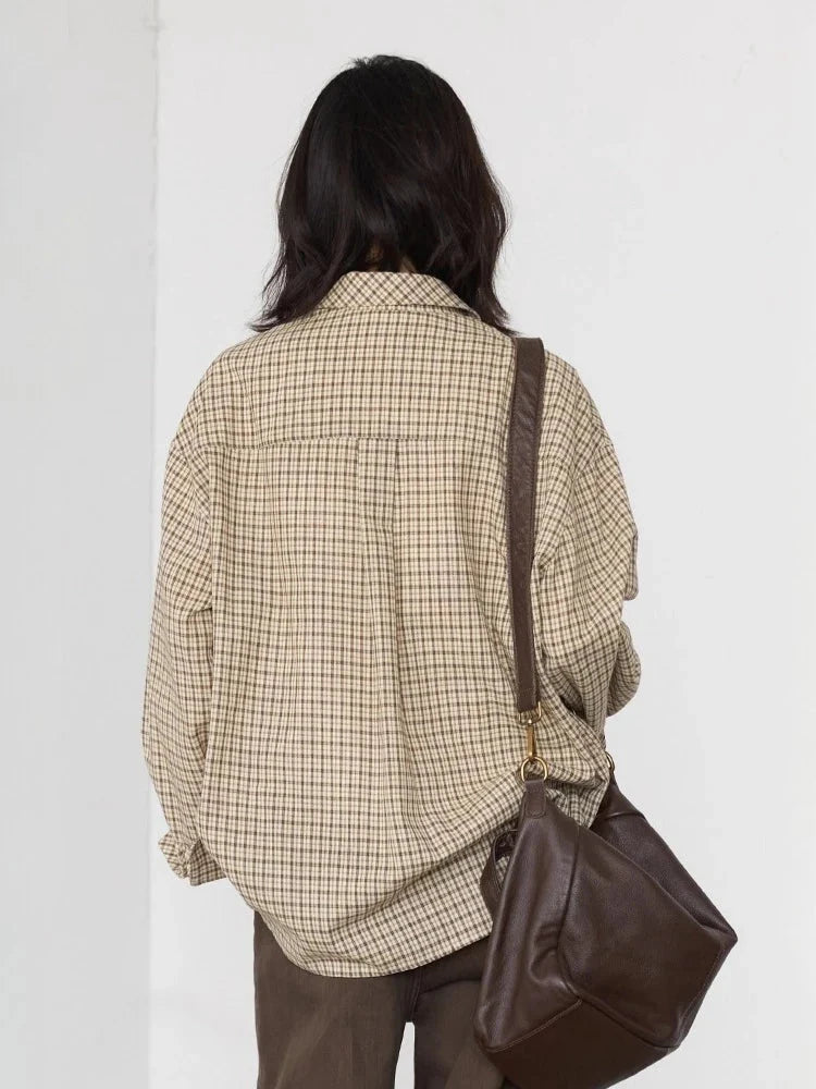 Retro Plaid Embroidered Shirt Loose Casual Autumn Blouse