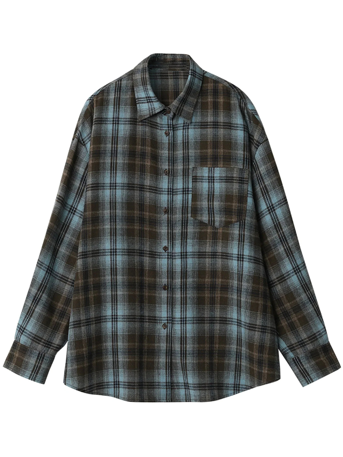 Women’s Long Sleeve Plaid Shirt Coat Loose Casual Blouse