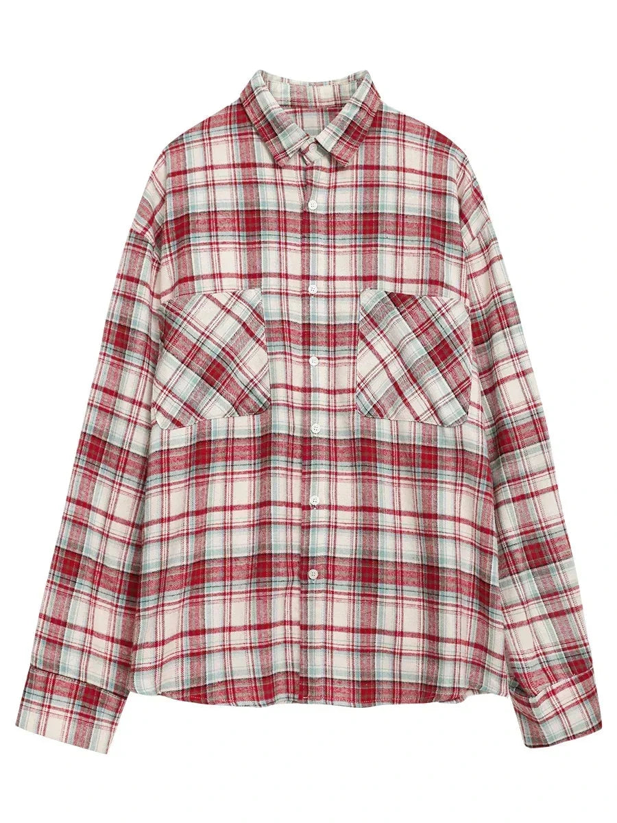 Retro Color Block Grid Cotton Shirt Loose Fit Blouse