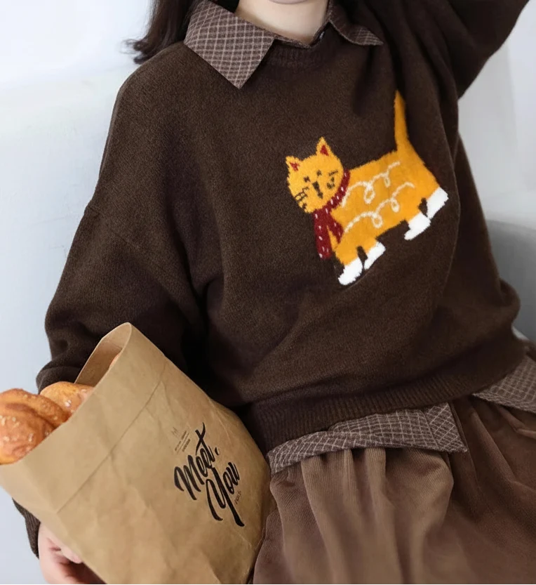 Women’s Cartoon Cat Knit Sweater Loose Casual Autumn Pullover