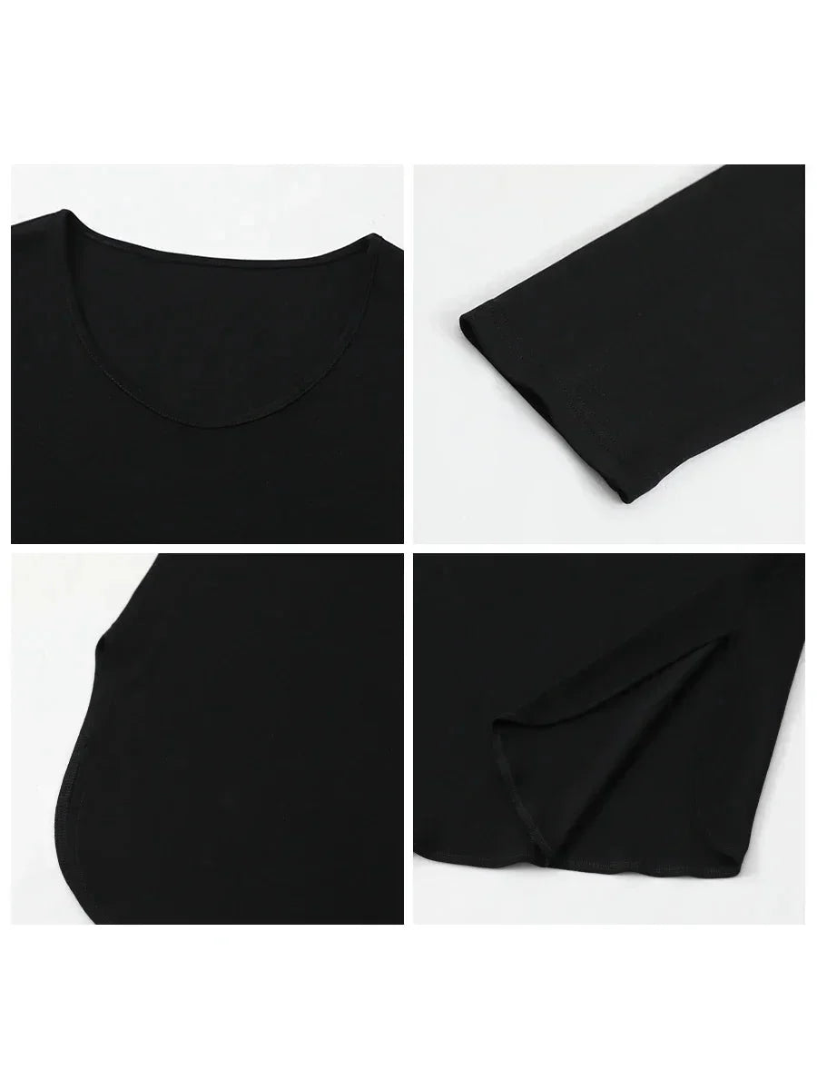Loose U-Neck Long Sleeve Tee Casual Split Hem Top