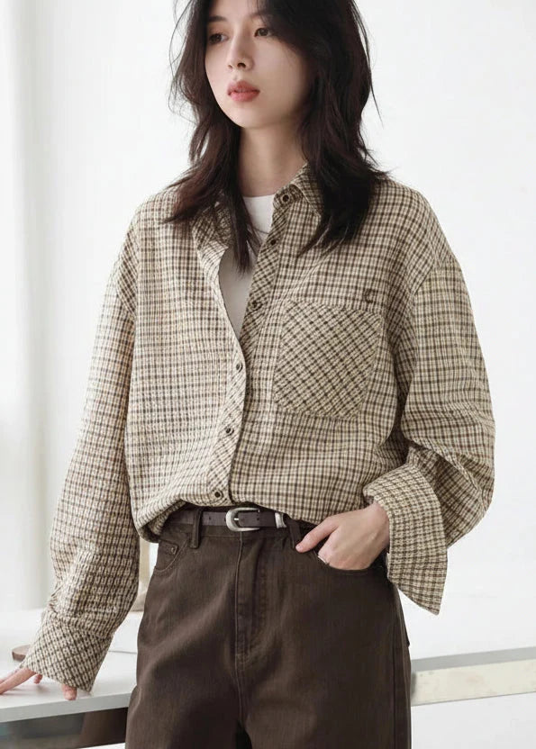 Retro Plaid Embroidered Shirt Loose Casual Autumn Blouse