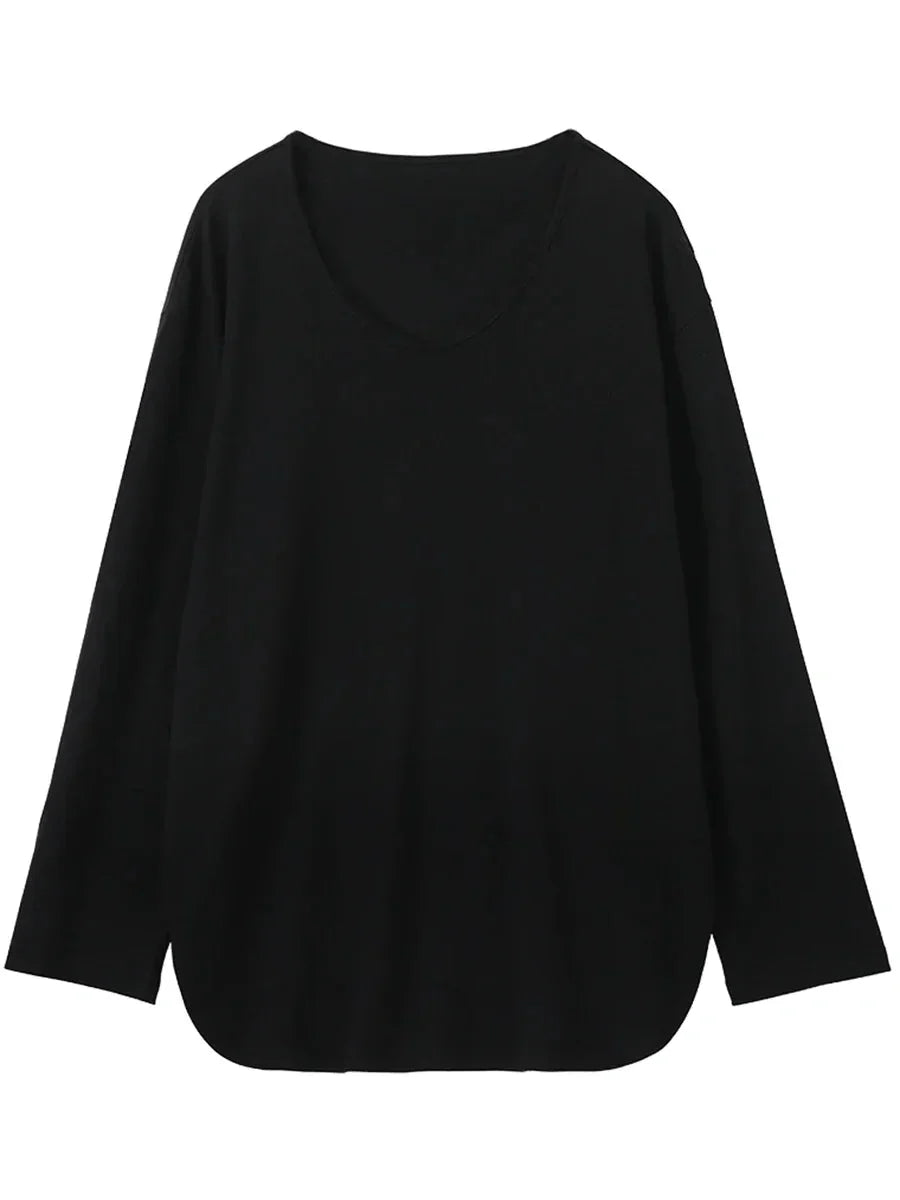 Loose U-Neck Long Sleeve Tee Casual Split Hem Top