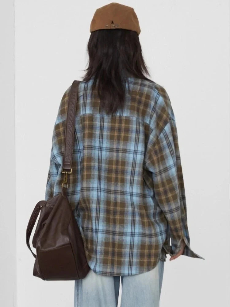 Women’s Long Sleeve Plaid Shirt Coat Loose Casual Blouse
