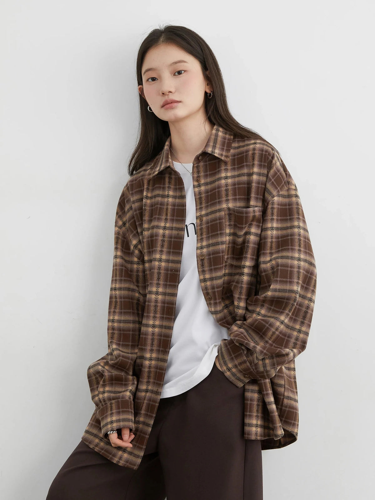 Women’s Long Sleeve Plaid Shirt Coat Loose Casual Blouse