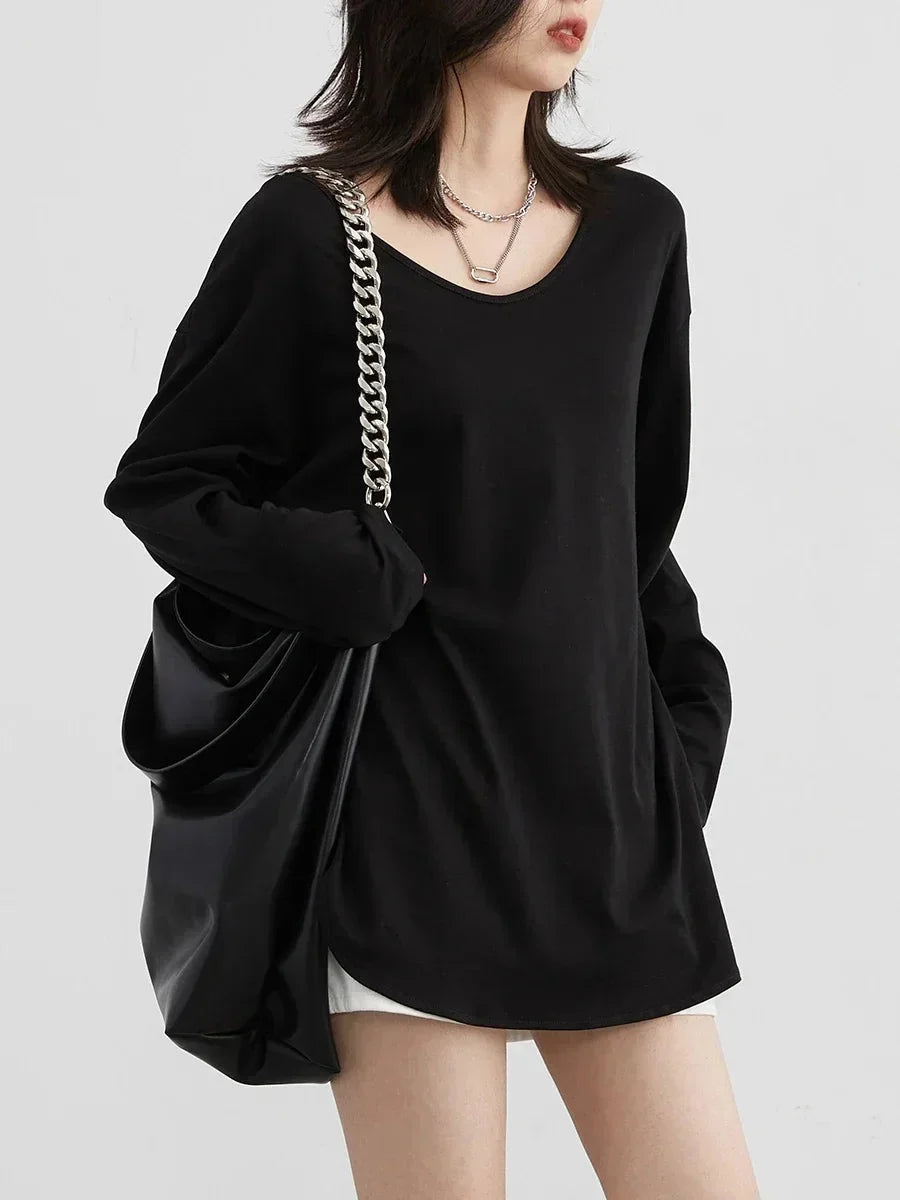 Loose U-Neck Long Sleeve Tee Casual Split Hem Top