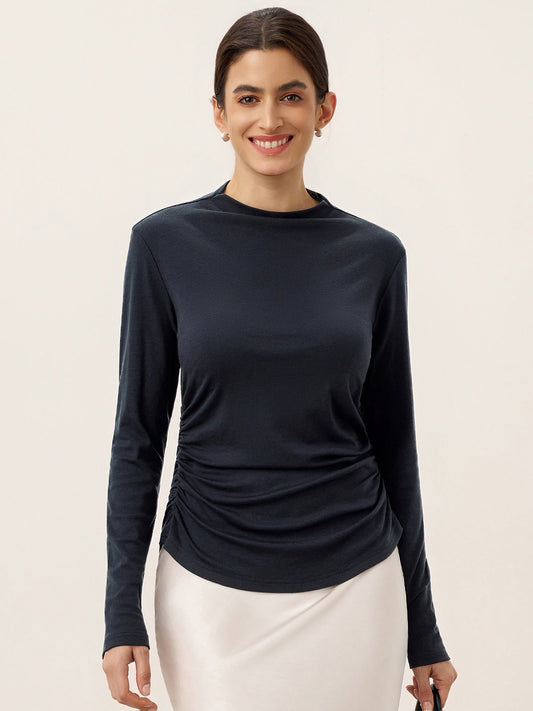 Isolde Wool Mock Neck Waist Pleated Top – Tailored Long Sleeve Stretch Knit