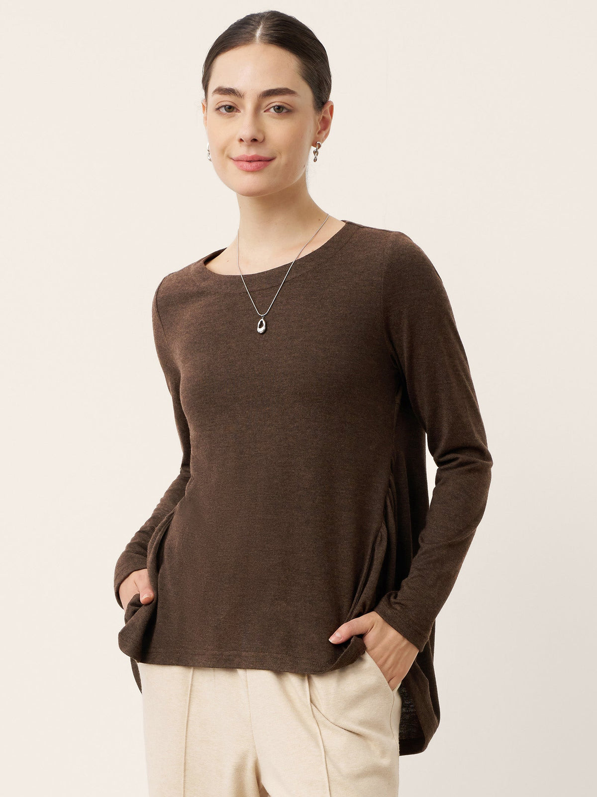 Wool Panelled Ruched Asymmetric Hem Top | Kalista