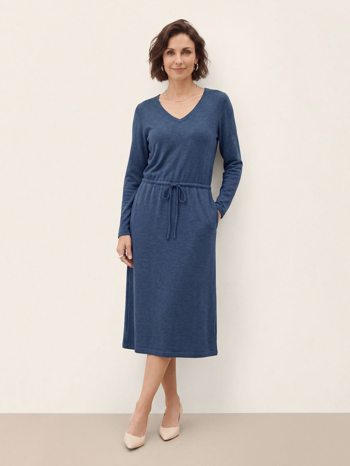 Noemie Wool Blend V-Neck Knit Midi Dress – Adjustable Drawstring Waist Sweater Dress