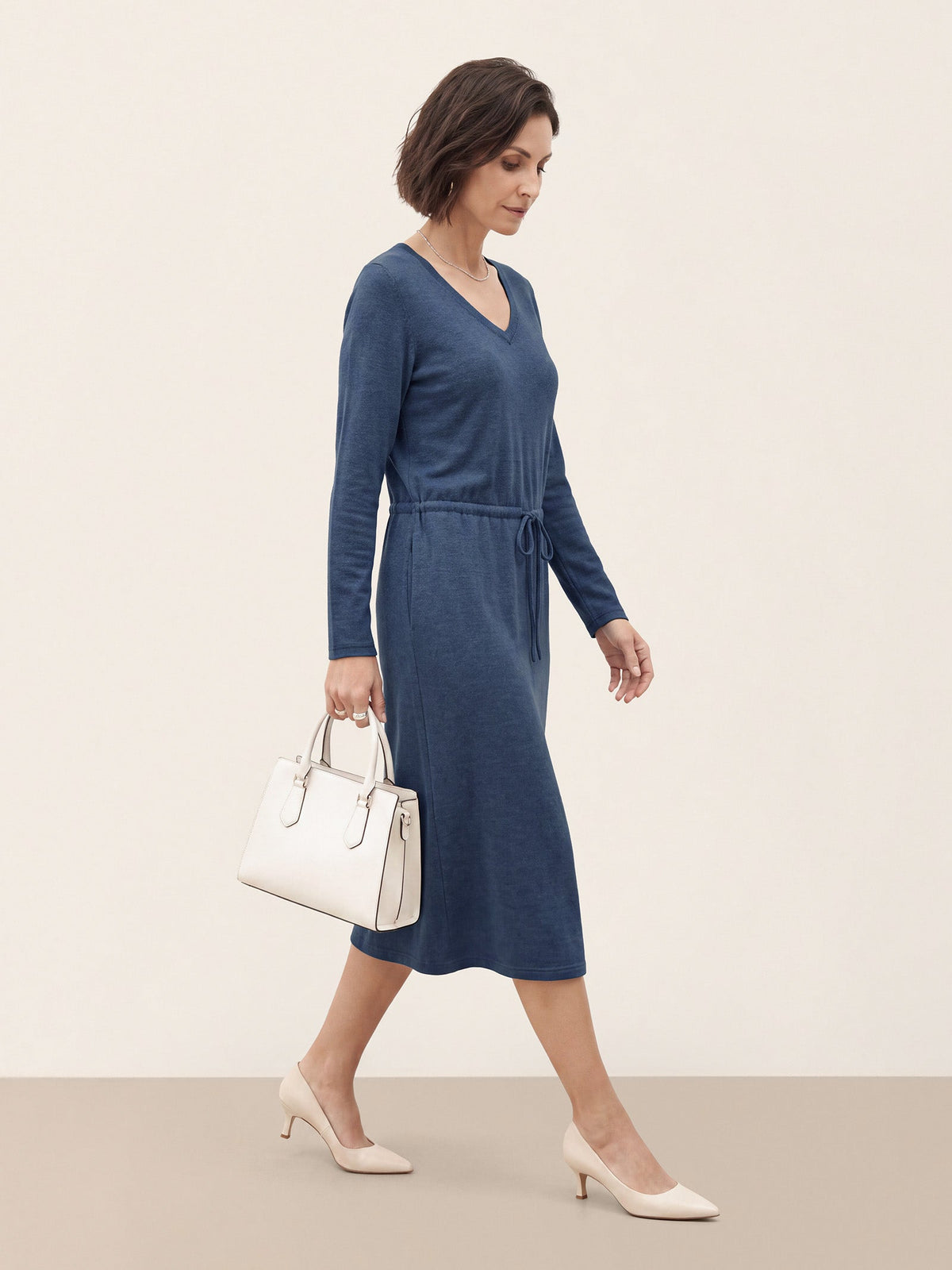 Noemie Wool Blend V-Neck Knit Midi Dress – Adjustable Drawstring Waist Sweater Dress