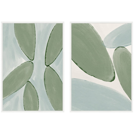 Two abstract art prints with green and gray leaf shapes on a white background