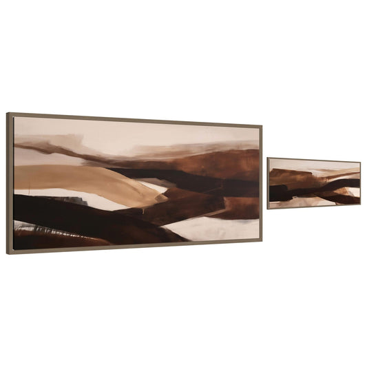 Two abstract art pieces with brown and beige tones on a white background