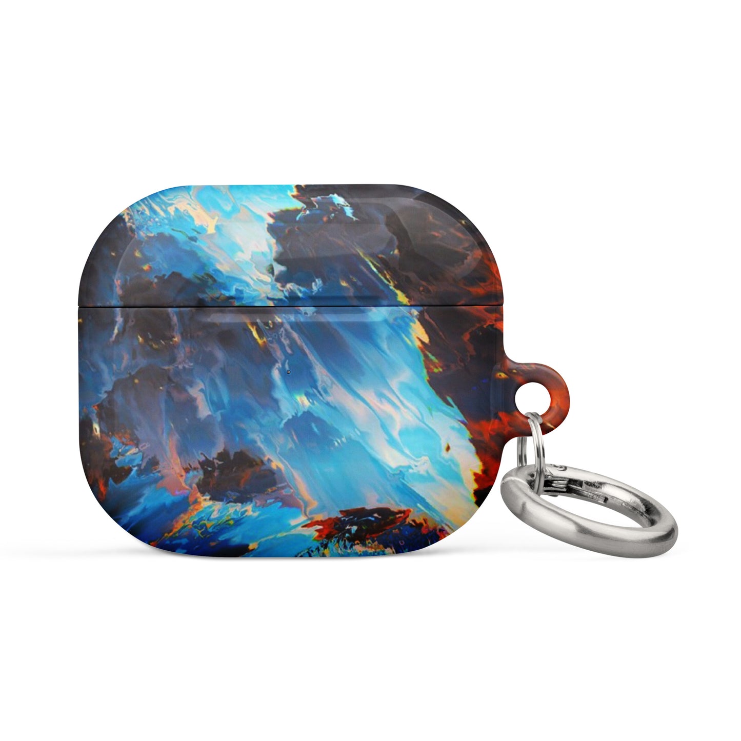 Colorful abstract-patterned case with a keychain on a white background