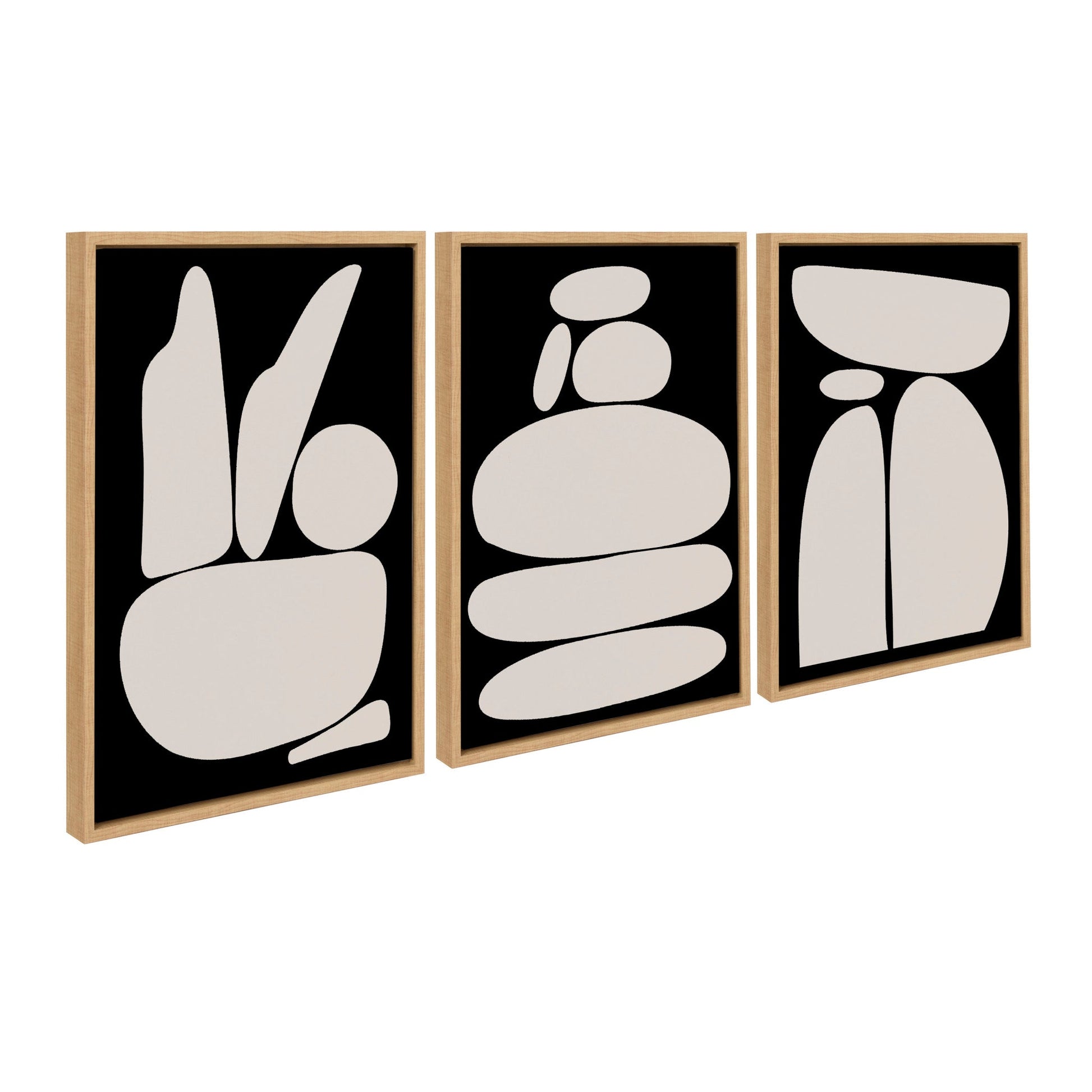 Three abstract art pieces with black frames on a white background