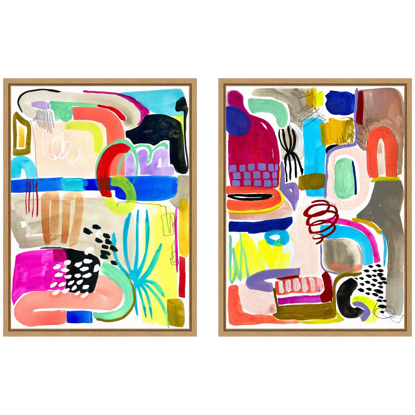 Two abstract artworks with colorful shapes and patterns on a white background