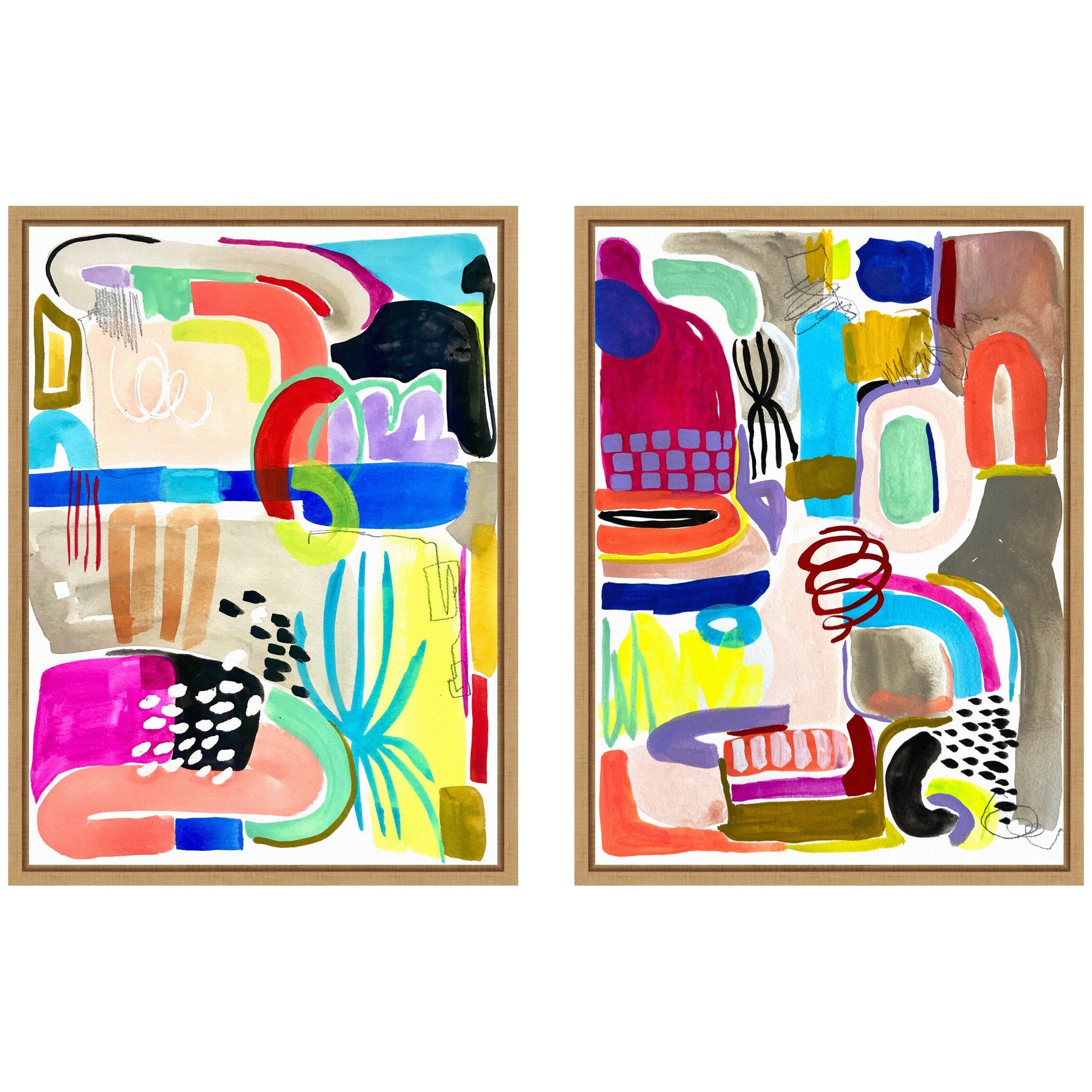 Two abstract artworks with colorful shapes and patterns on a white background