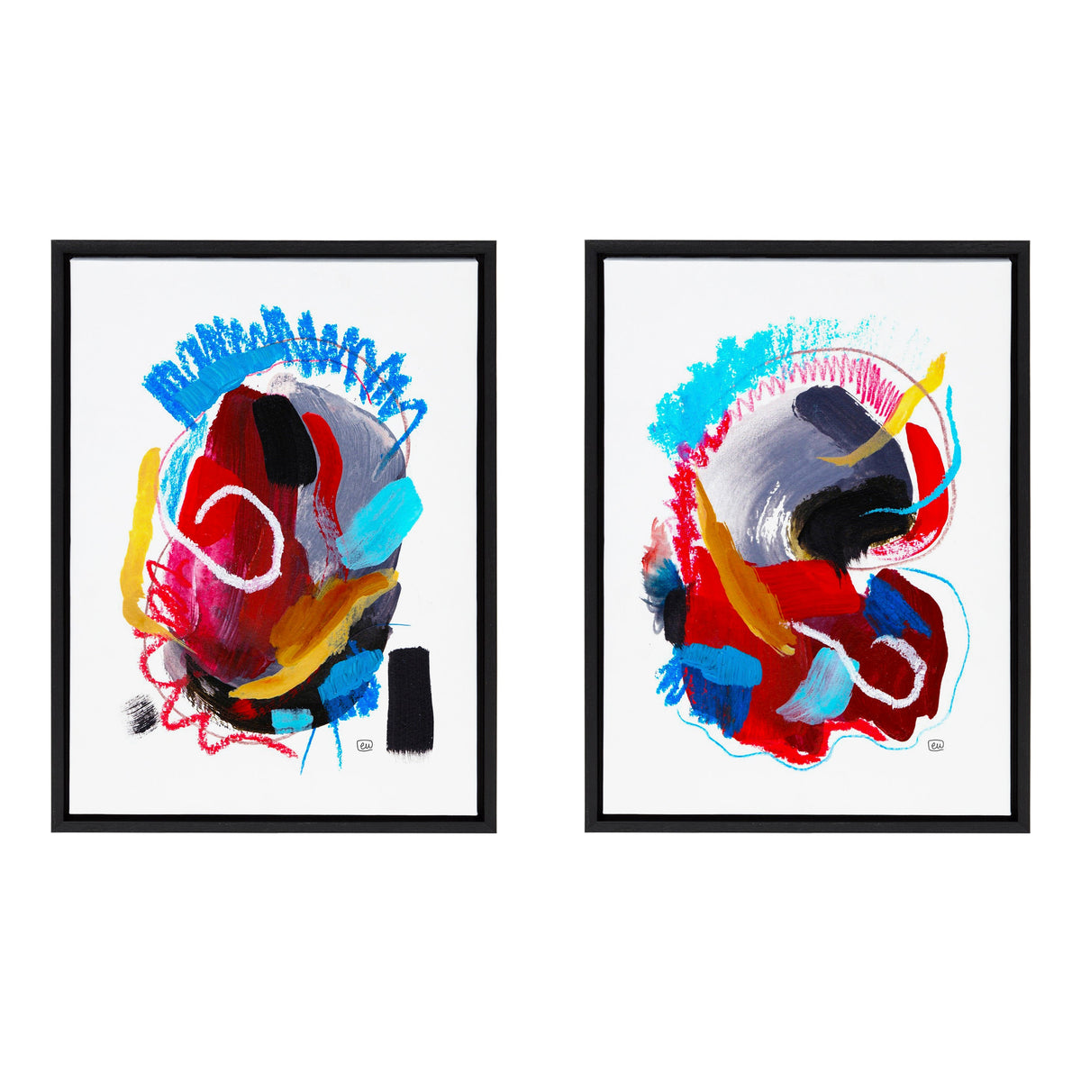 Two abstract artworks with vibrant colors on a white background