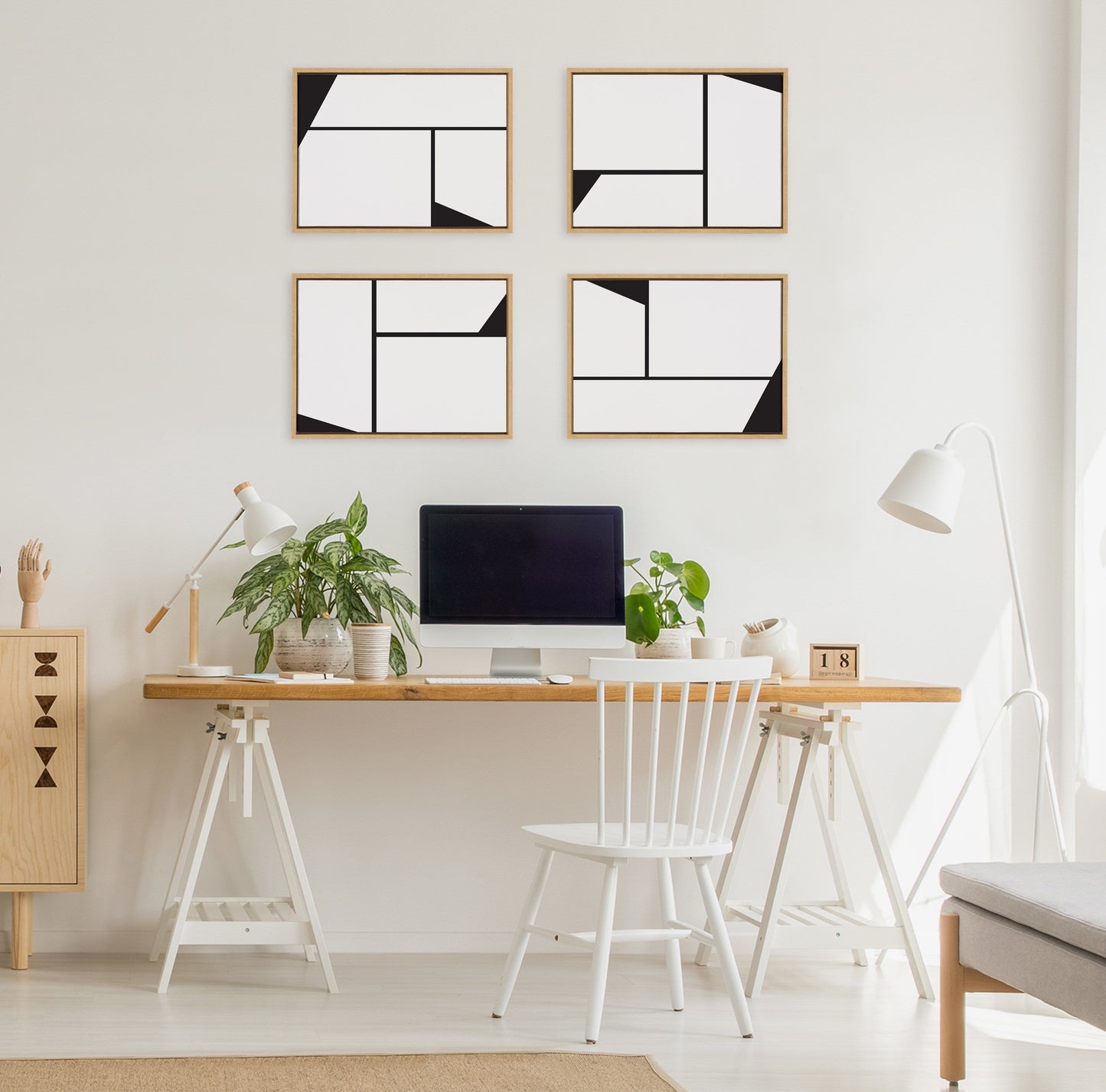Sylvie Sleek Luxe Minimalist Black and White Abstract Framed Canvas Art Set by The Creative Bunch Studio