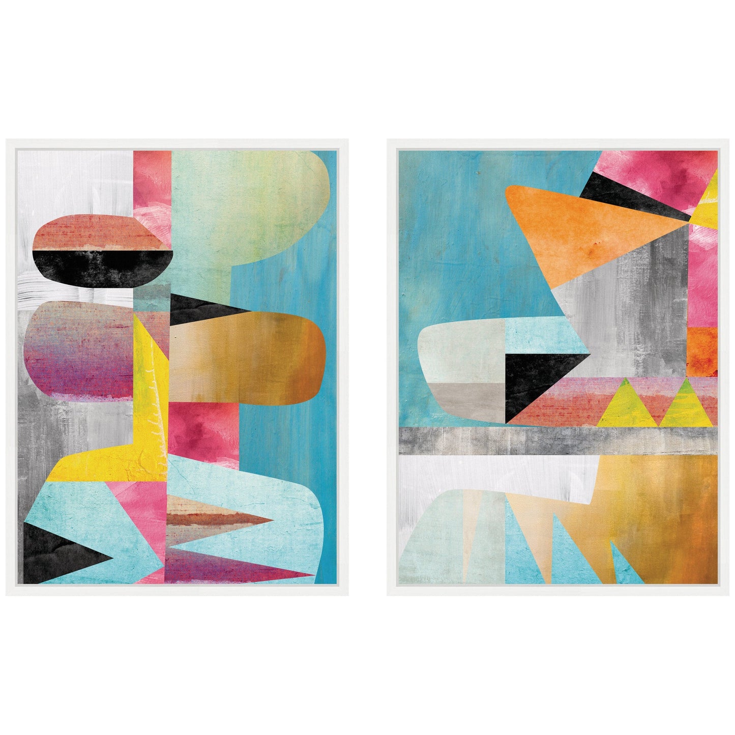 Two abstract art prints with geometric shapes on a white background
