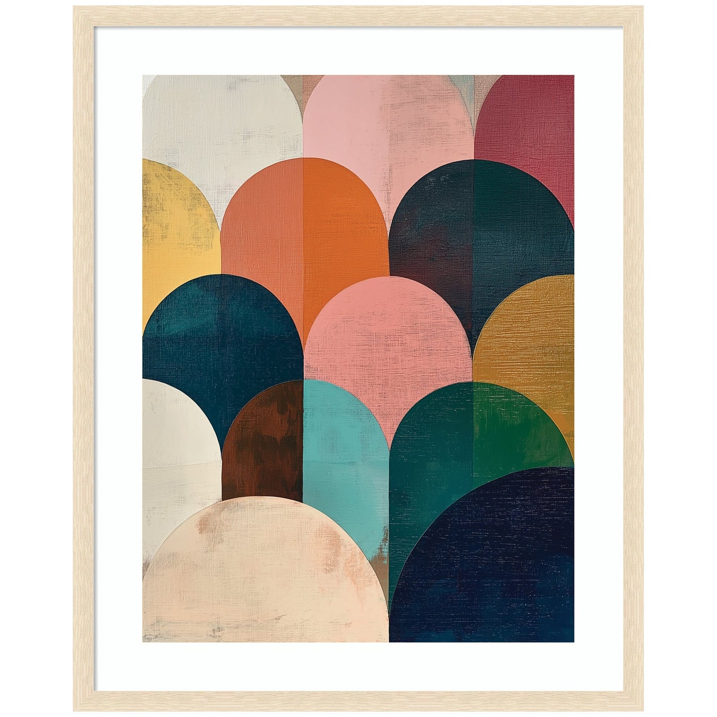 Framed abstract art print with colorful geometric shapes on a white background