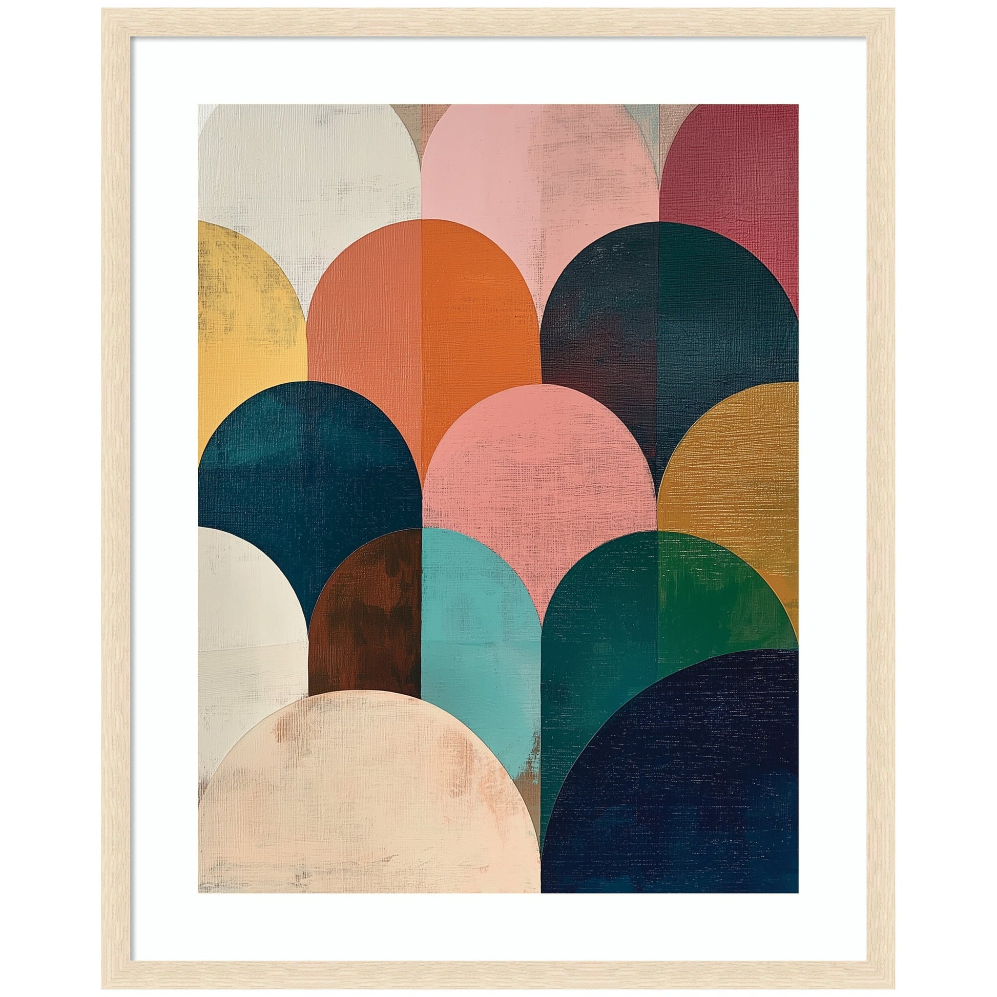Framed abstract art print with colorful geometric shapes on a white background
