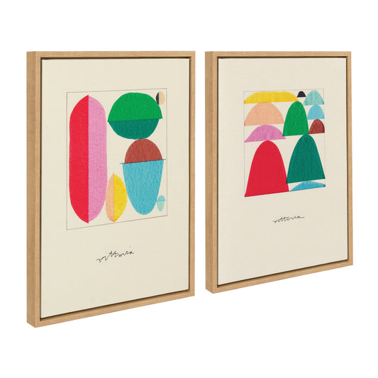 Two framed abstract art pieces with colorful geometric shapes on a white background
