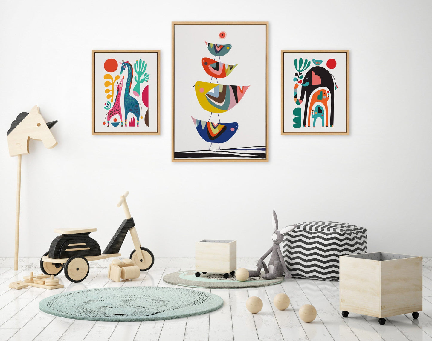 Sylvie Family Tree 4 Birds, Giraffe Love and Three Elephants Framed Canvas Art Set by Rachel Lee of My Dream Wall