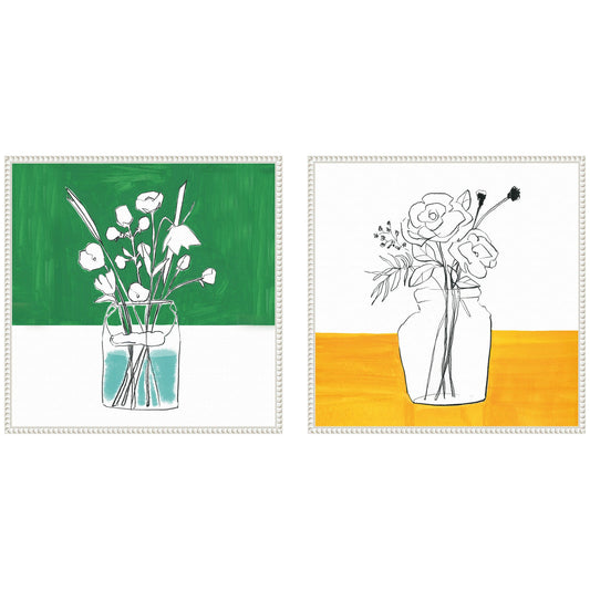 Minimalist Floral Vase Green and Yellow Framed Canvas Art Set by Teju Reval