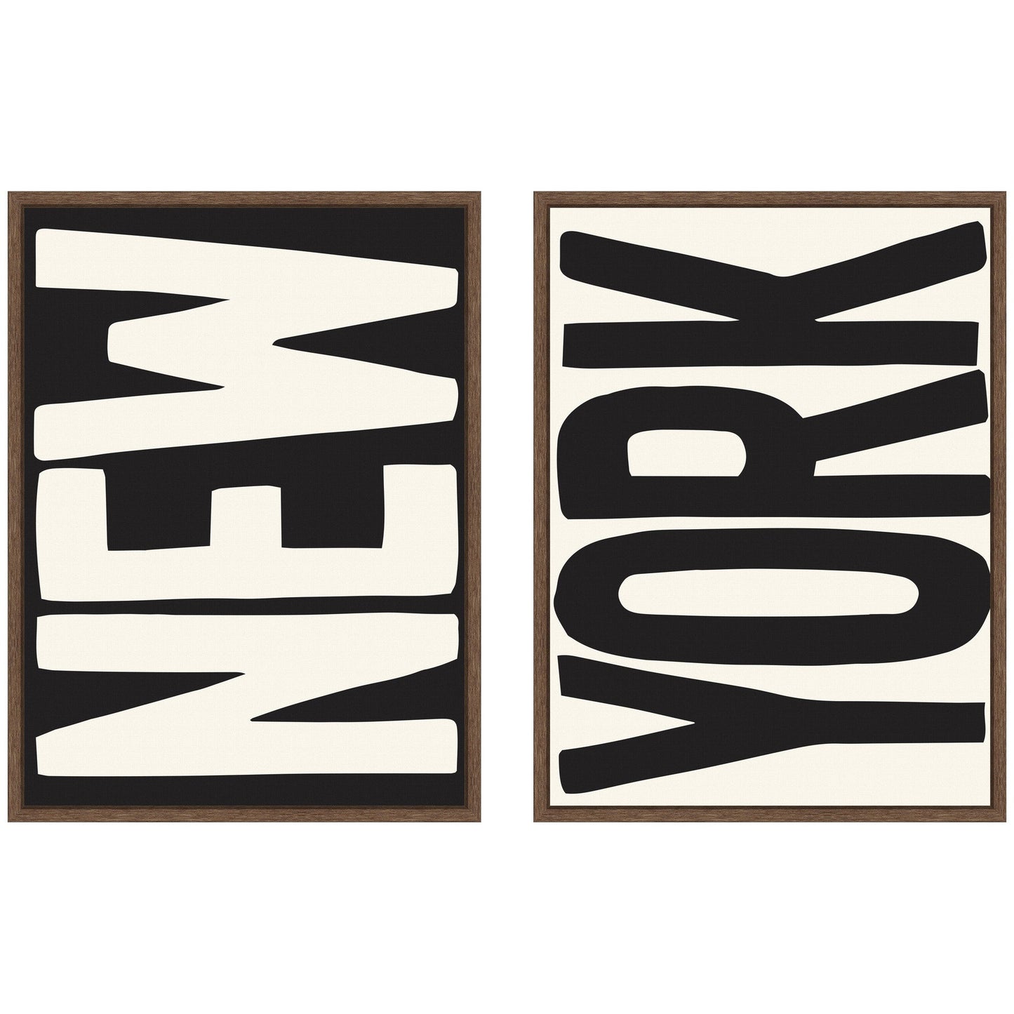 New York Set Print Travel City Typography Black and White 2 Piece Framed Canvas Wall Art Set by Lucky Guava
