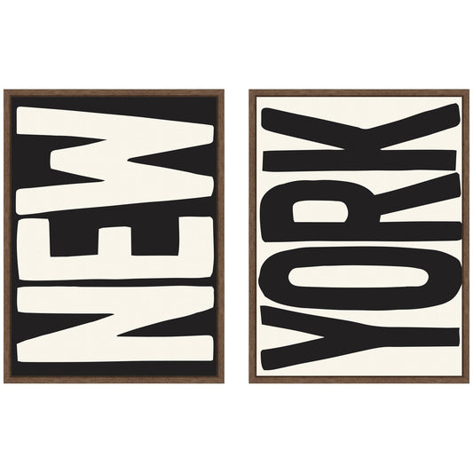 New York Set Print Travel City Typography Black and White 2 Piece Framed Canvas Wall Art Set by Lucky Guava